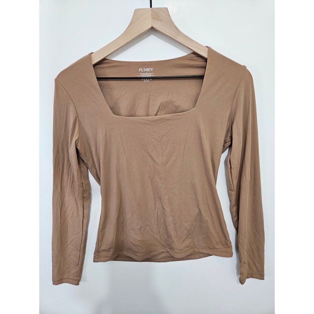 Pumiey Womens‎ Square Neck Long Sleeve Top Tan Brown Sculpting Slim Fit Large